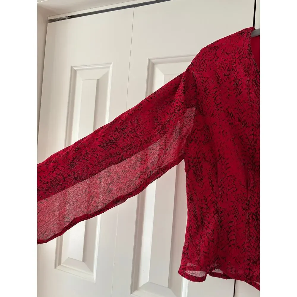 Banana Republic Red Black Print Sheer V Neck Long Sleeve Blouse Women’s 2 - Picture 3 of 9